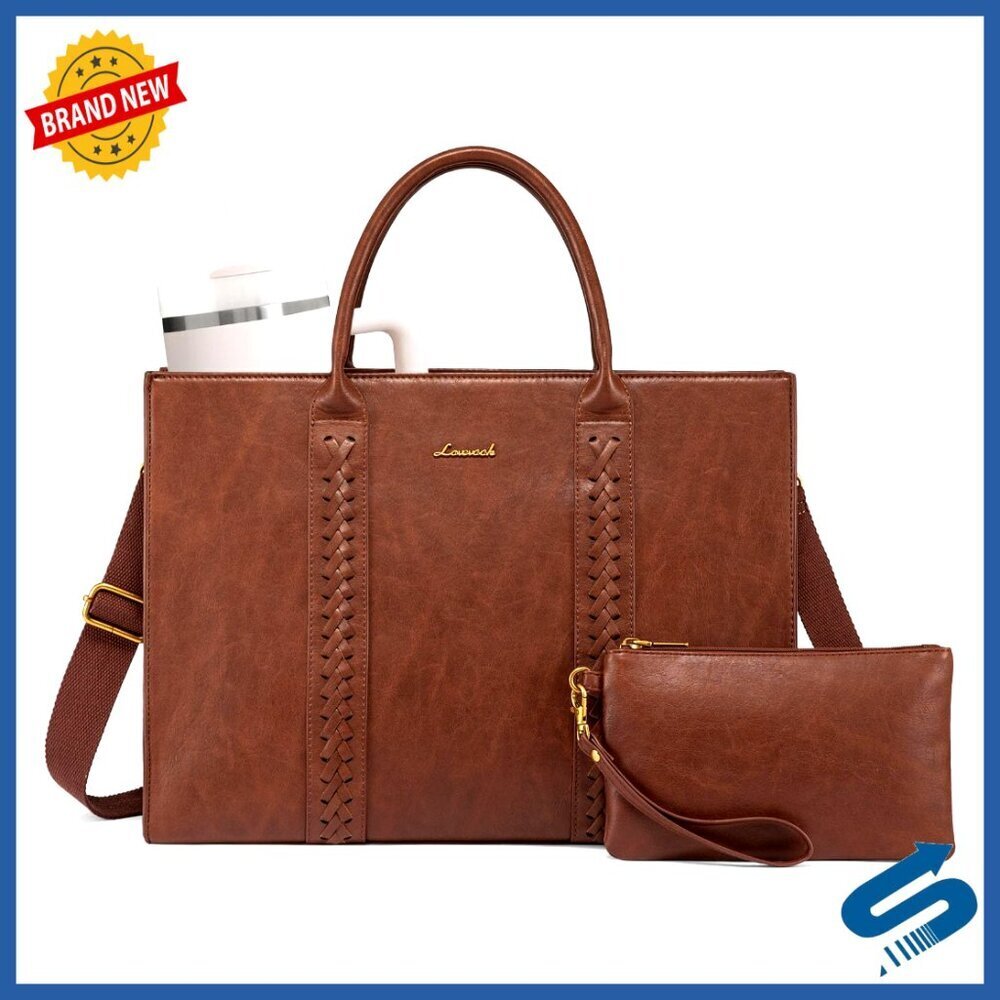 Vintage Leather Laptop Tote Professional Work Bag Waterproof With Cup Holder